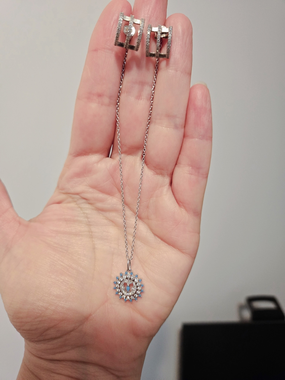 Silver Blue Halo Pendant Necklace and Matching Earrings Set